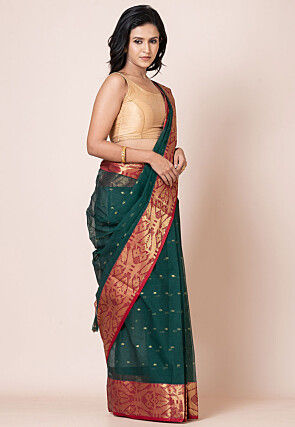 Tant Pure Cotton Saree in Dark Green
