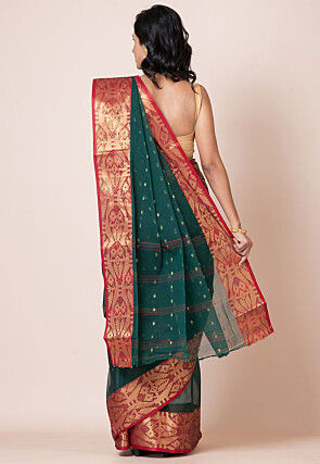 Tant Pure Cotton Saree in Dark Green