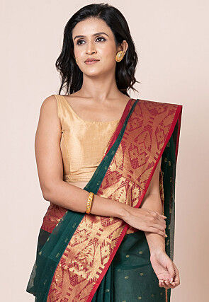 Tant Pure Cotton Saree in Dark Green