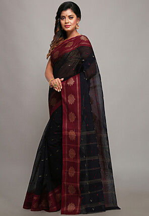 Tant Pure Cotton Saree in Dark Navy Blue