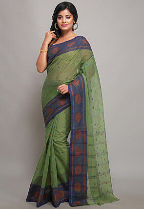 Tant Pure Cotton Saree in Olive Green
