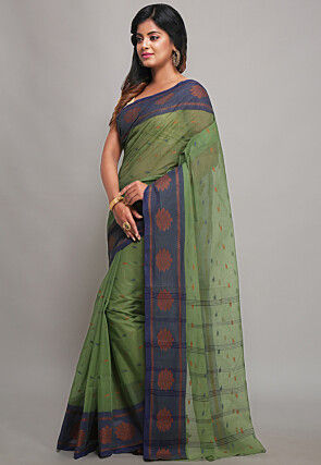 Tant Pure Cotton Saree in Olive Green