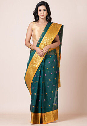 Tant Pure Cotton Saree in Teal Green
