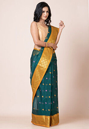 Tant Pure Cotton Saree in Teal Green