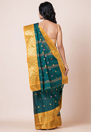 Tant Pure Cotton Saree in Teal Green