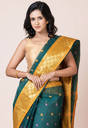 Tant Pure Cotton Saree in Teal Green