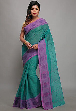 Tant Pure Cotton Saree in Turquoise