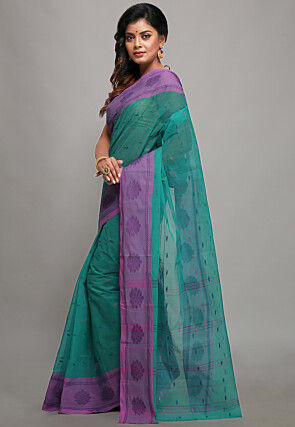 Tant Pure Cotton Saree in Turquoise