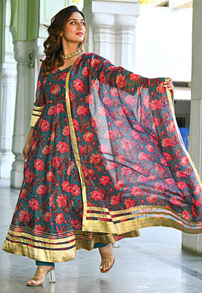 Digital Printed Chanderi Silk Anarkali Suit in Teal Blue