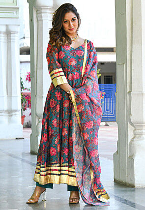 Digital Printed Chanderi Silk Anarkali Suit in Teal Blue