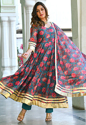 Digital Printed Chanderi Silk Anarkali Suit in Teal Blue