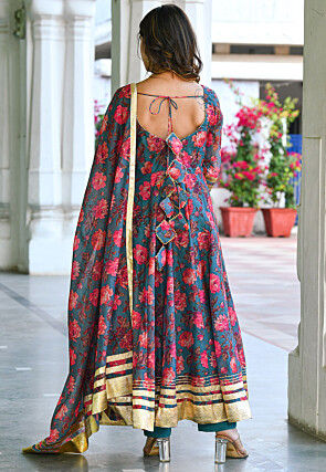 Digital Printed Chanderi Silk Anarkali Suit in Teal Blue