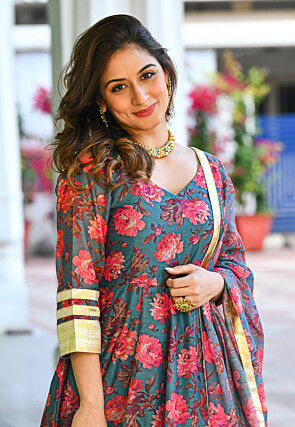 Digital Printed Chanderi Silk Anarkali Suit in Teal Blue