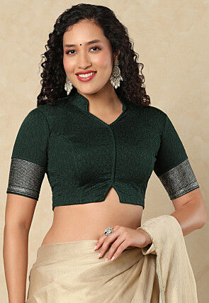 Textured Lycra(Elastane) Blouse in Dark Green
