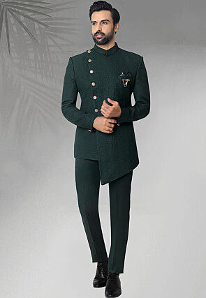 Textured Terry Rayon Asymmetric Jodhpuri Suit in Dark Green