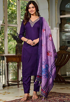Embroidered Neckline Viscose Rayon Pakistani Suit in Violet