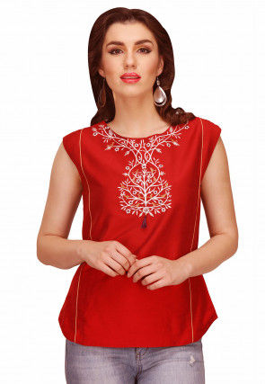 Embroidered Cotton silk Top in Maroon