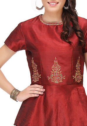 Embroidered Art Silk Peplum Top in Maroon