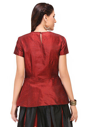Embroidered Art Silk Peplum Top in Maroon