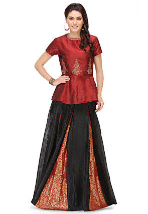 Embroidered Art Silk Peplum Top in Maroon