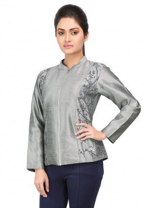 Embroidered Bhagalpuri Silk Jacket in Grey