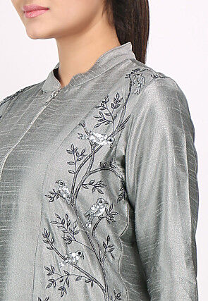 Embroidered Bhagalpuri Silk Jacket in Grey