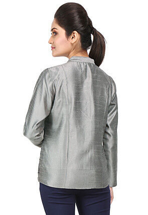 Embroidered Bhagalpuri Silk Jacket in Grey