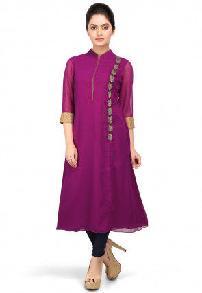 Embroidered Georgette Front Slit Long Kurta in Purple