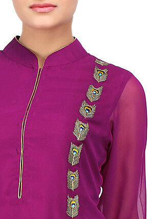 Embroidered Georgette Front Slit Long Kurta in Purple