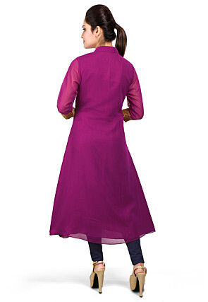 Embroidered Georgette Front Slit Long Kurta in Purple