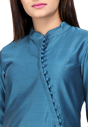 Straight Cut Plain Cotton Silk Kurta in Teal Blue