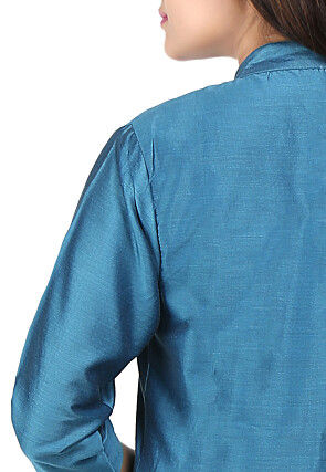 Straight Cut Plain Cotton Silk Kurta in Teal Blue