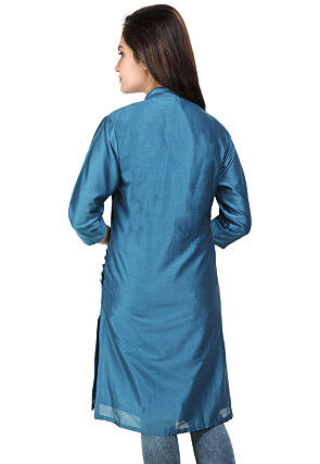 Straight Cut Plain Cotton Silk Kurta in Teal Blue