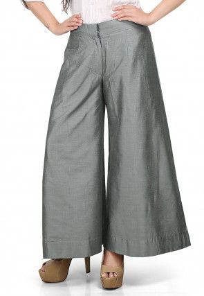 Flared Cotton Silk Palazzo Pant in Grey