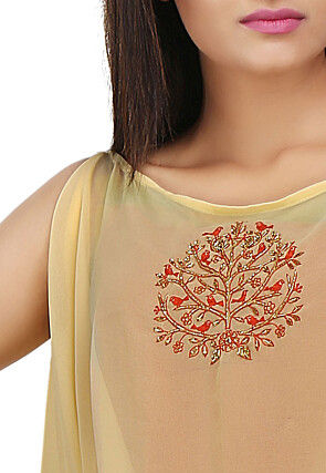 Embroidered Asymmetrical Georgette Hem Cape in Yellow