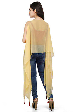 Embroidered Asymmetrical Georgette Hem Cape in Yellow