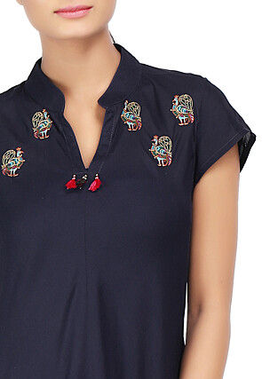 Plain Viscose Flared Long Kurta in Navy Blue