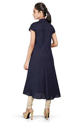 Plain Viscose Flared Long Kurta in Navy Blue