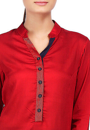 Plain Viscose Long Kurta in Red