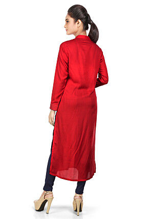 Plain Viscose Long Kurta in Red