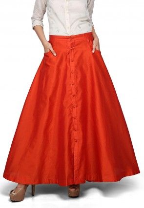 Art Dupion Silk Long Skirt In Orange