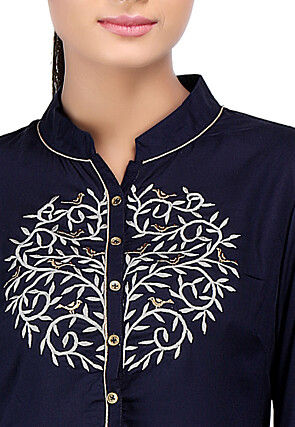 Embroidered Viscose Long Kurta in Navy Blue