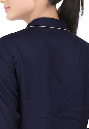 Embroidered Viscose Long Kurta in Navy Blue