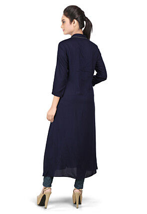 Embroidered Viscose Long Kurta in Navy Blue