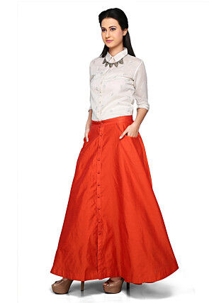 Art Dupion Silk Long Skirt In Orange