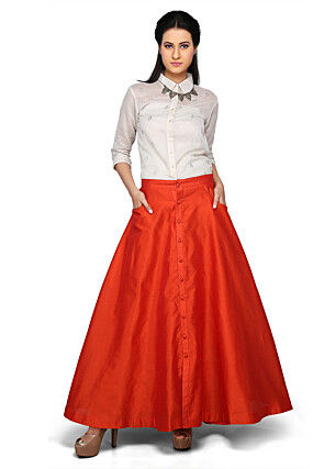 Art Dupion Silk Long Skirt In Orange