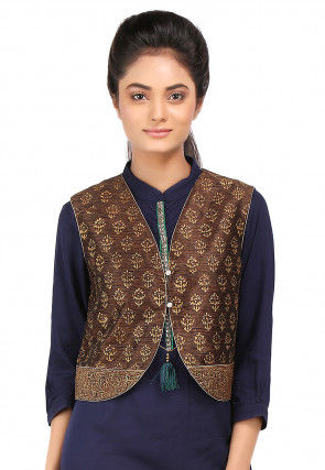 Block Printed Art Dupion Silk Jacket in Brown