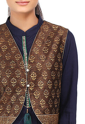 Block Printed Art Dupion Silk Jacket in Brown