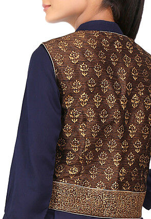 Block Printed Art Dupion Silk Jacket in Brown