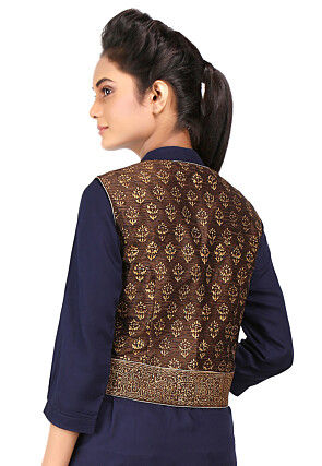 Block Printed Art Dupion Silk Jacket in Brown